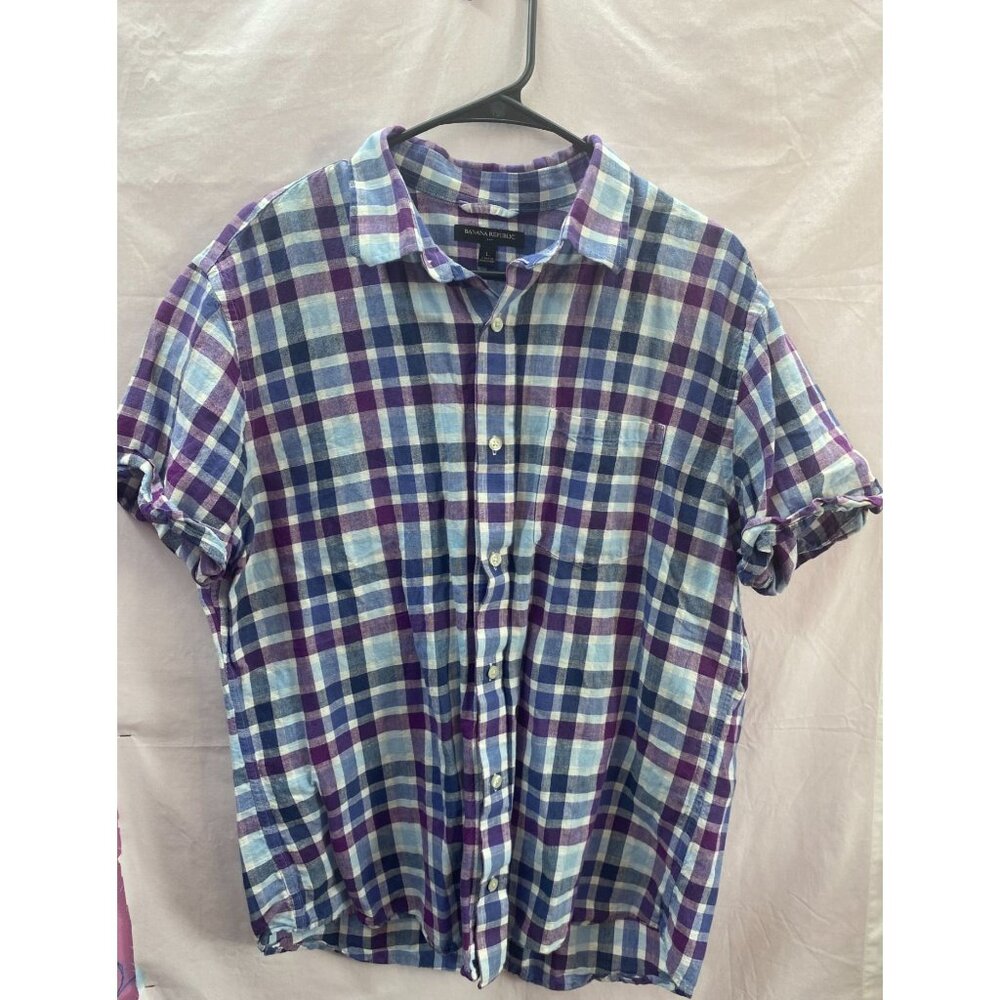 Banana Republic Men's L Blue  Purple Plaid Short Sleeve Button Down Collar Shirt